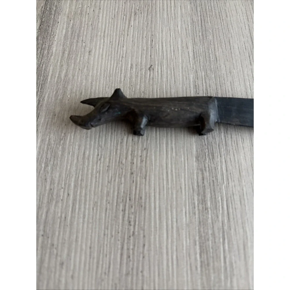 Vintage Hand Carved African Ebony‎ Wood Rhinoceros Figure Letter Opener 8